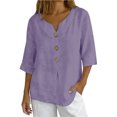thumbnail image 2 of 3/4 Sleeve Tops for Women Cotton Linen Oversized V Neck Button Short Sleeve T Shirts Summer Casual Solid Plus Size Loose Comfy Three Quarter Sleeve Tee Shirt, 2 of 8