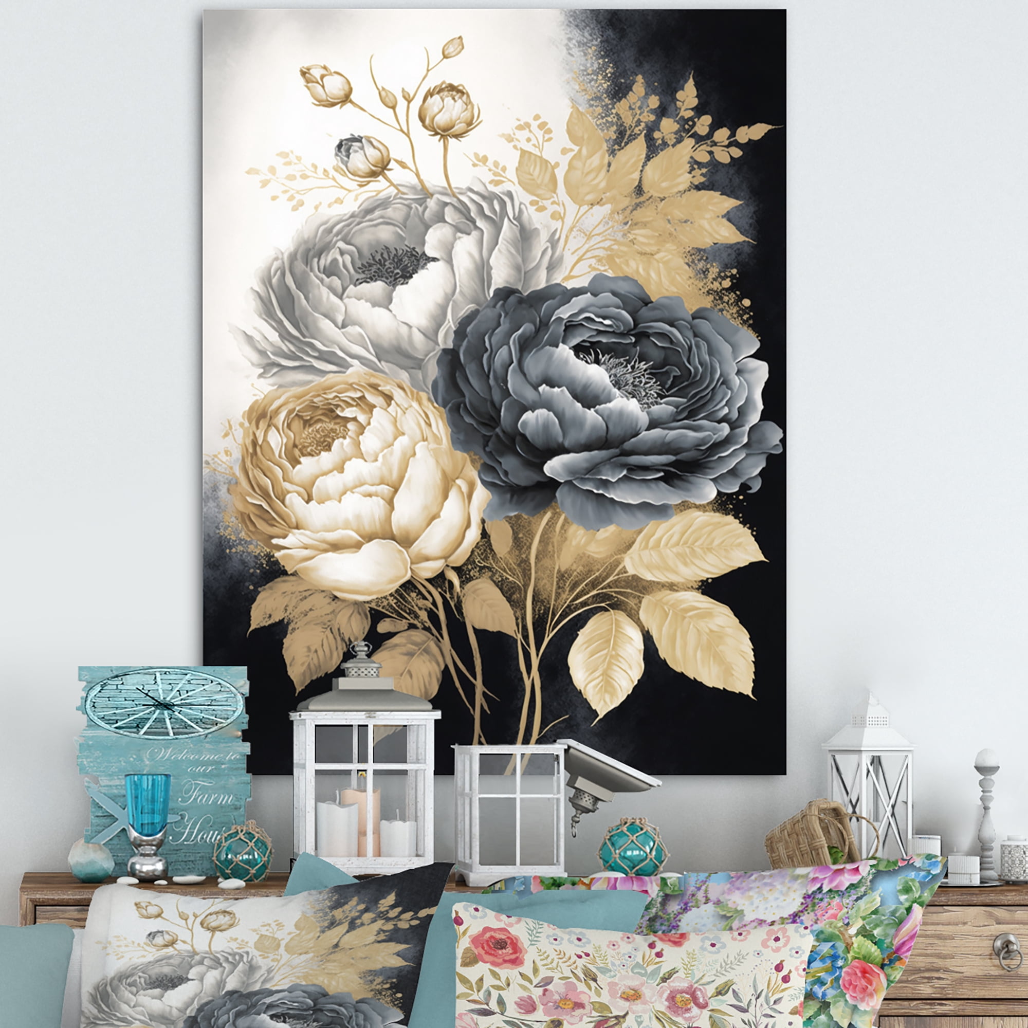 Designart White, Gold And Black Rose Bouquet II Canvas Wall Art