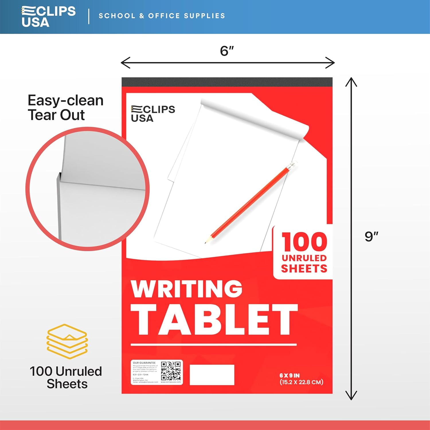 E-CLIPS USA Unruled Writing Tablet Note Pads, 9” x 6”, 100-Sheet Pad, 12-Pack