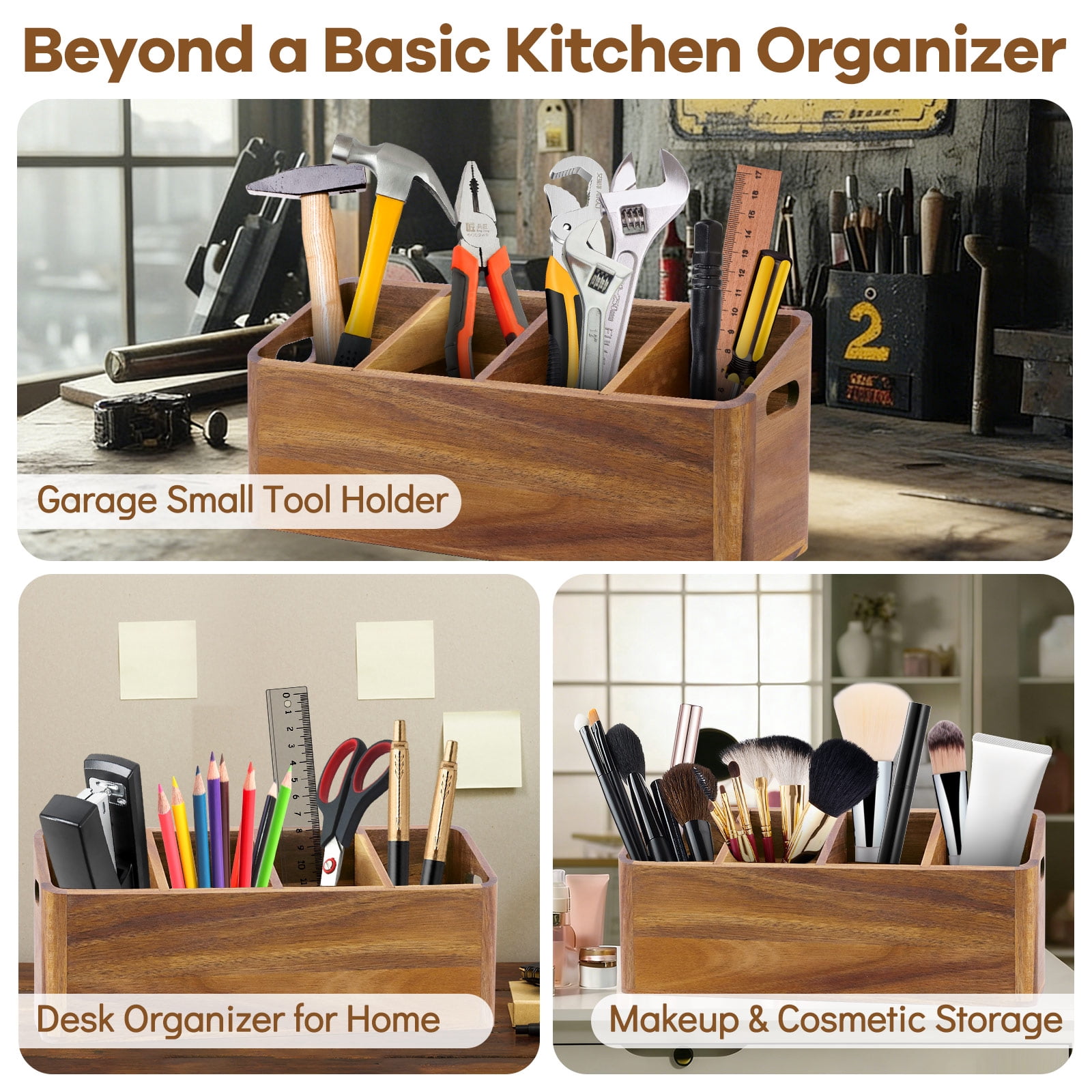 WETRBWEH Wooden Kitchen Utensil Holder with Spoon Rest, Extra Large Acacia Wood Utensil Organizer for Counter with 4 Compartments, Rustic Container