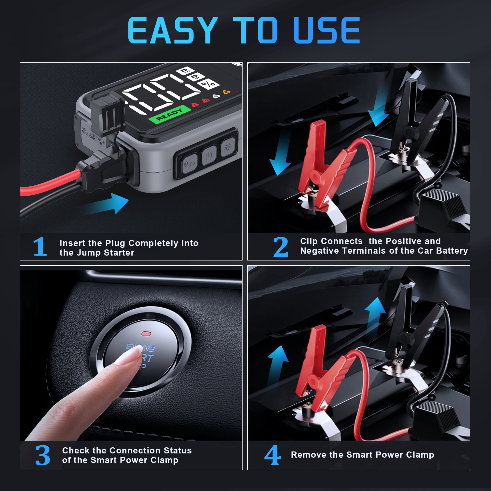 GCZ 6000A Portable Car Jump Starter, 32000mAh Battery Booster for All Gas & Up to 10L Diesel Engines, 12V Auto Jump Box with LED Display, QC3.0 Fast Charging Power Bank, EVA Carrying Case