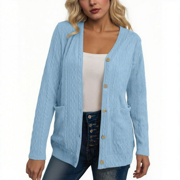 RYRJJ Women Cable Knit Cardigan Sweater Long Sleeve V-Neck Button Down Cardigans with Pockets Lightweight Fall Sweater Coat(Light Blue,S)