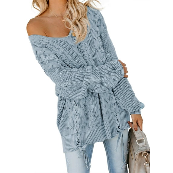 Asyoly Women Winter Side Weave Cable Knit Sweater V Neck Drop Shoulder Jumpers Tops