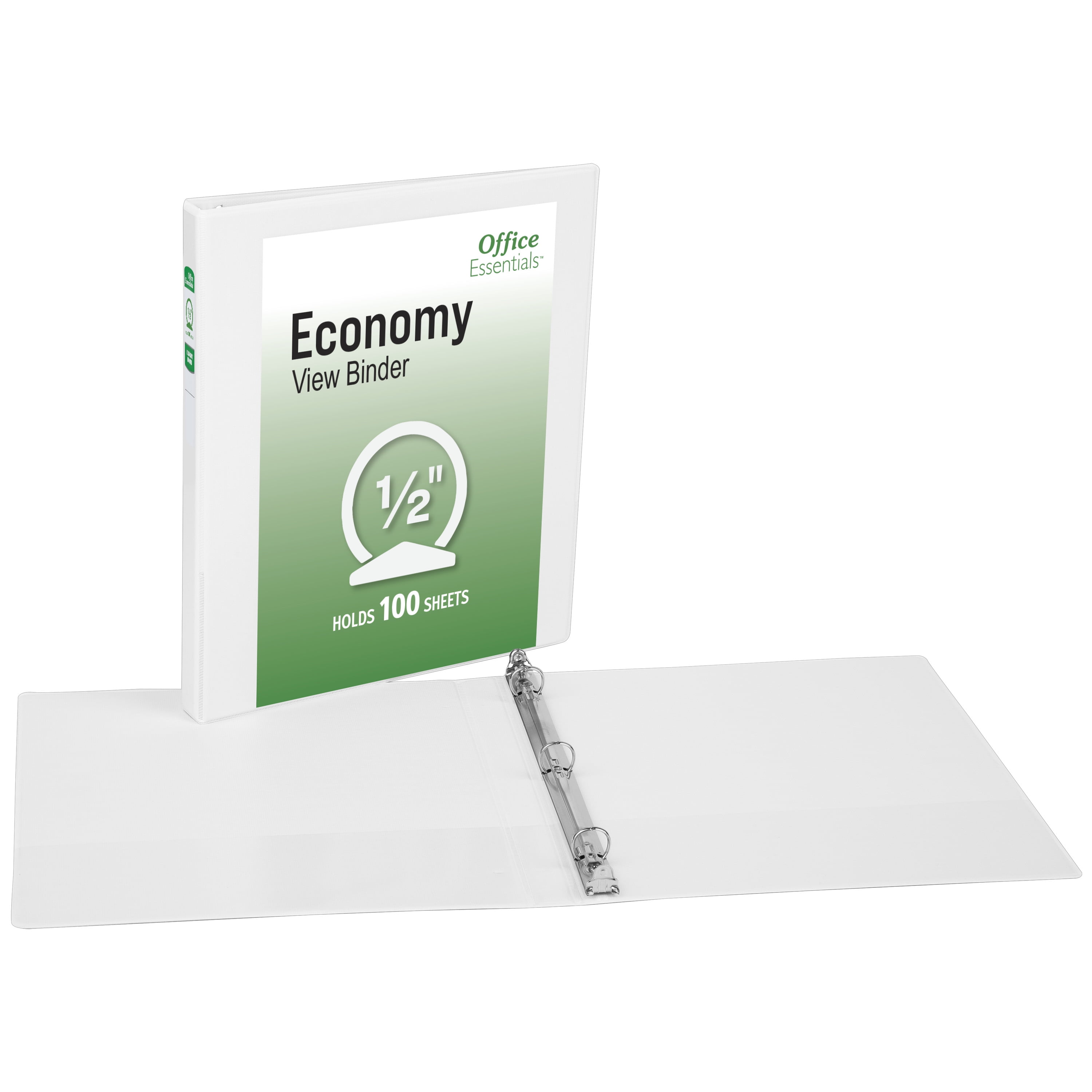 Office Essentials Economy View 3 Ring Binders, 0.5" Round Rings, 0.7" Spine, 100-Sheet Capacity, White Binders (12-Pack of 03422)