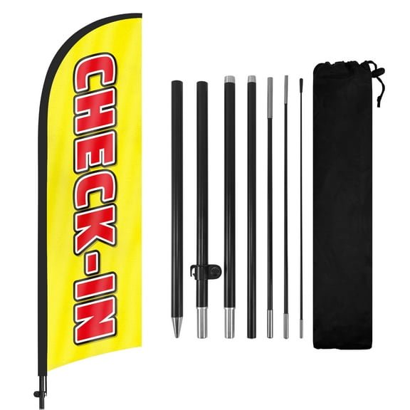 QSUM Check-in Feather Flag with Flag Pole Kit and Ground Spike, 8.2FT Check-in Windless Flag Banner Sign Business for Outdoor Advertising Sign Decoration Display