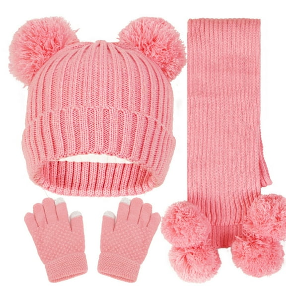 Piuwrlz Girls Boys Winter Hats Scarves Glove Toddler 3 Piece Set Solid Color Knitted Windproof Gloves Watermelon Red Size 5 Years