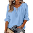 thumbnail image 2 of Womens Round Neck Half Sleeve Tops Keyhole Ruffled Cuff Retro Shirts Casual Soft Loose Fit Blouses L, 2 of 7