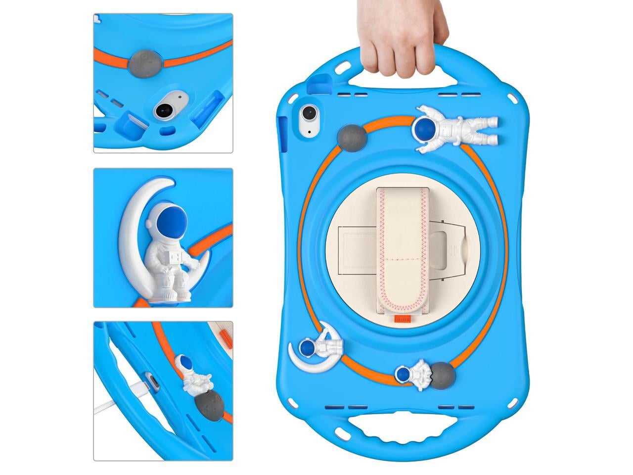 Cute Case for Apple iPad 10th Generation 10.9 inch 2022, Shockproof Silicone Astronaut Cover with Stand Shoulder Strap, Handle Grip, Pencil Holder Light Blue