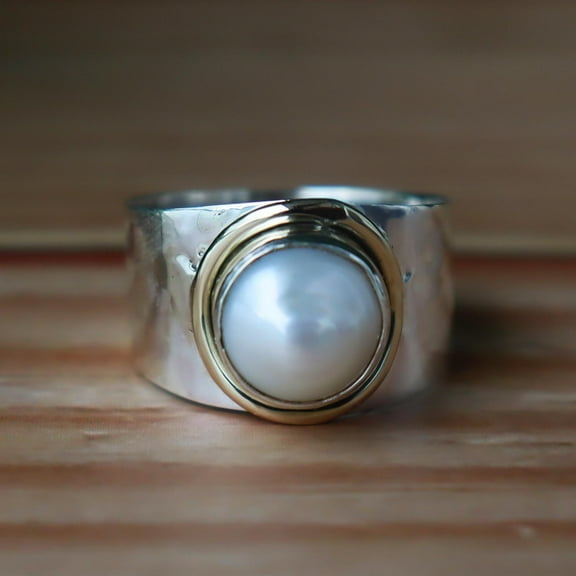 White Pearl Ring, 925 Silver Ring, Wide Band Ring, Boho Statement Ring, Handmade Jewelry, Minimalist Ring, Cocktail Ring, Classical Jewelry