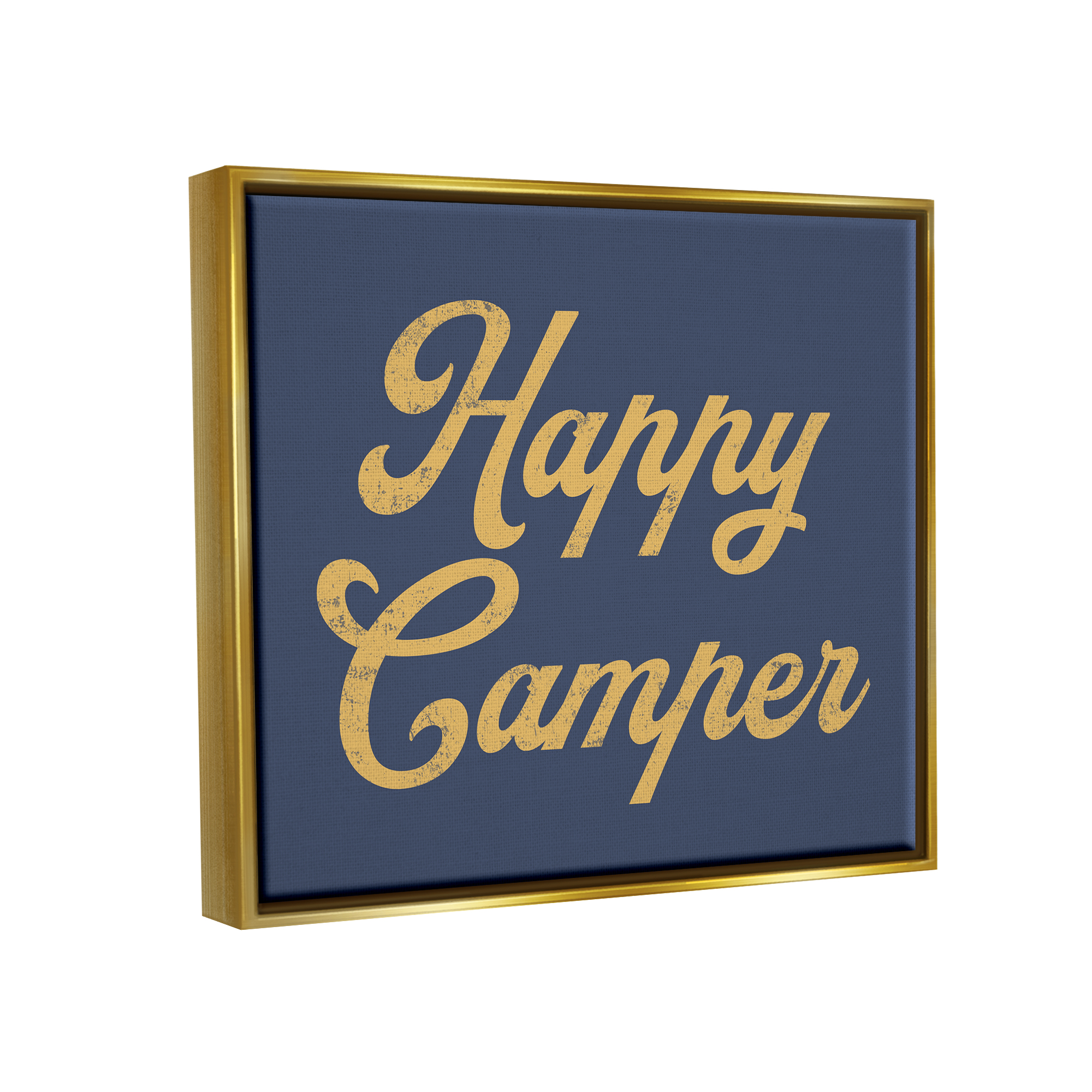 Stupell Industries Happy Camper Vintage Script Phrase Yellow Accent Metallic Gold Framed Floating Canvas Wall Art, 16x20, by Lil' Rue