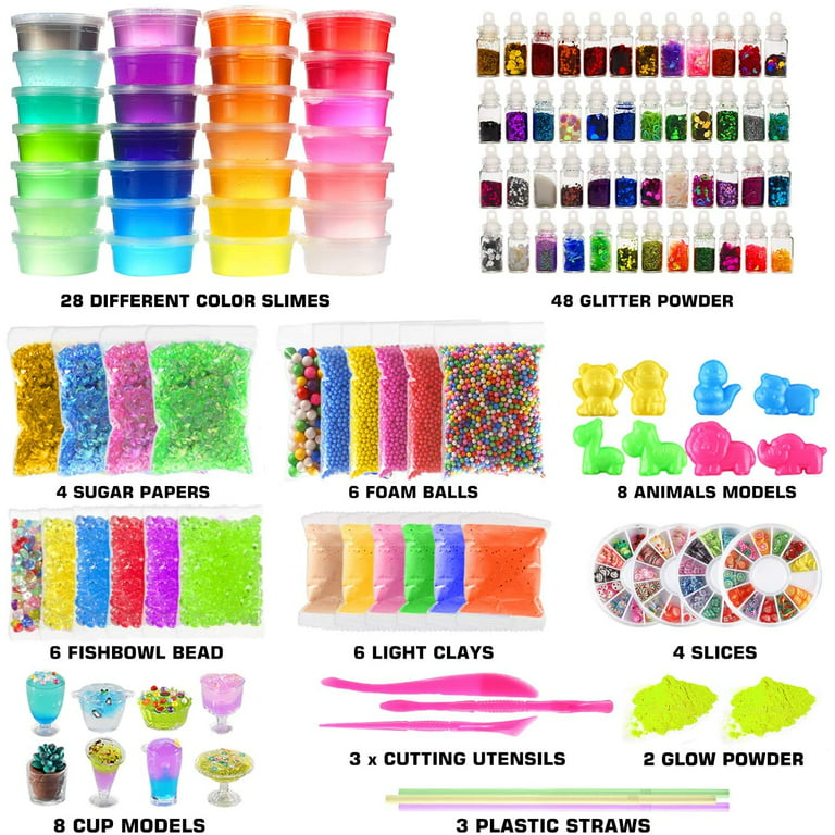 Byonebye 126 Pcs DIY Slime Making Kit for Girls Boys - Birthday Idea for Kids Age 5+. Ultimate Fluffy Slime Supplies Include 28