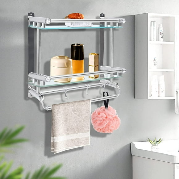 Fichiouy 3 Tier Bathroom Shelf Tempered Glass Floating Shelves Wall Mounted Storage with Towel Bar
