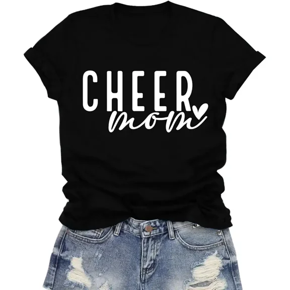 Retro Cheer Mom Graphic Tee Funny Heart Print Sporty Short Sleeve T-Shirt for Women Proud Mother Game Day Apparel