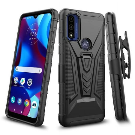 SPY CASE for Motorola Moto G Play 2023 / Moto G Pure / Moto G Power 2022 Case with Tempered Glass Screen Protector Hybrid Cover with Kickstand Phone Belt Clip Holster - Black