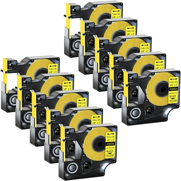 GREENCYCLE 10PK Industrial Rhino Heat Shrink Tubes Compatible for DYMO 18054 9mm 3/8" Black on Yellow Cable Label Tape