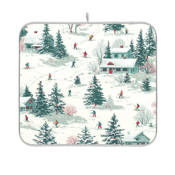 Dish Drying Mat Microfiber Kitchen Pad Large Counter Absorbent Dish Mats Drainer Rack 16"x18" Vintage Christmas Winter Scene