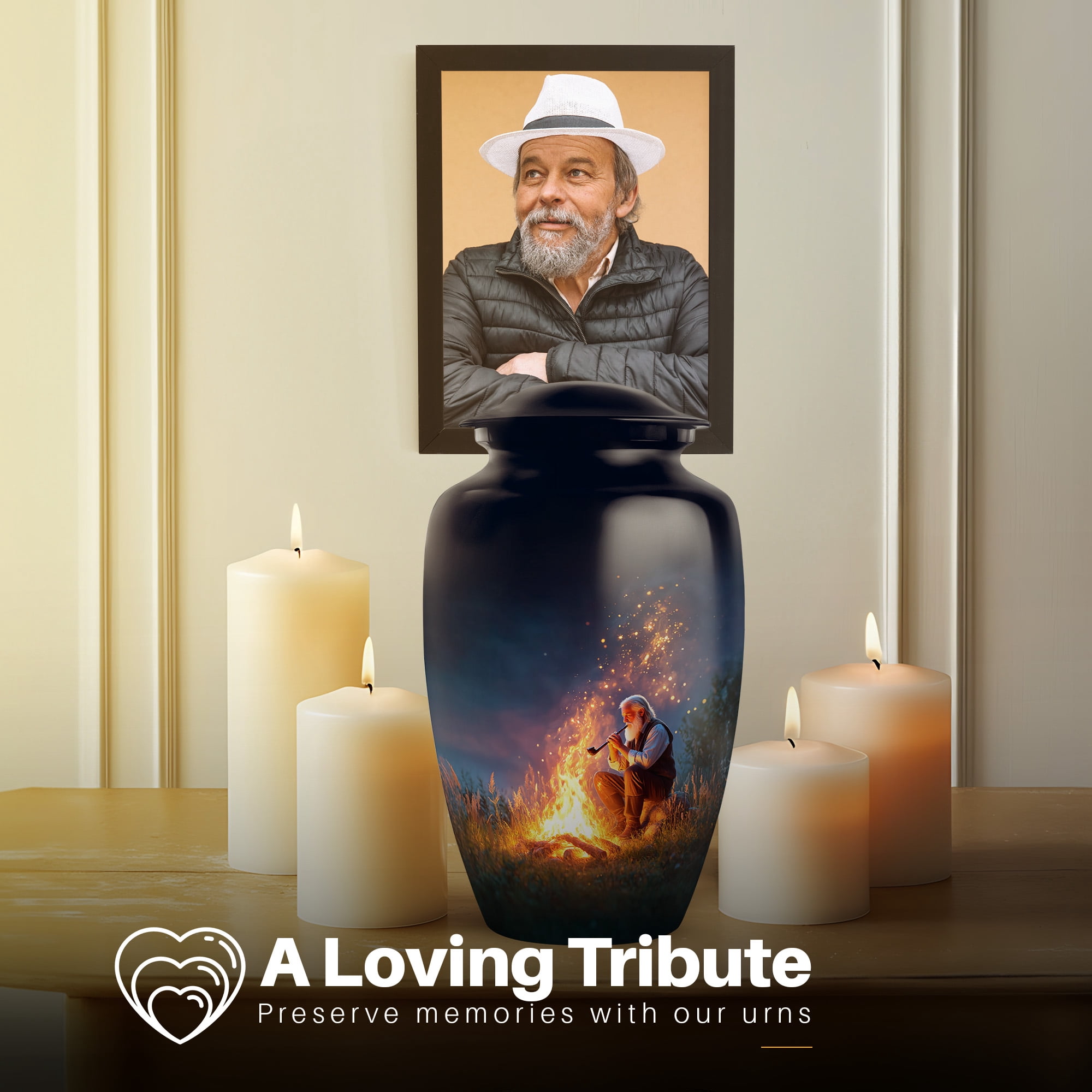 Yatskia Night Campfire Decorative Large Funeral Urns for Human Ashes Adult Mother and Father, Little Cremation Keepsake Urn for Ashes Adult Male, (Classic 10 Inch and 3 Inch)