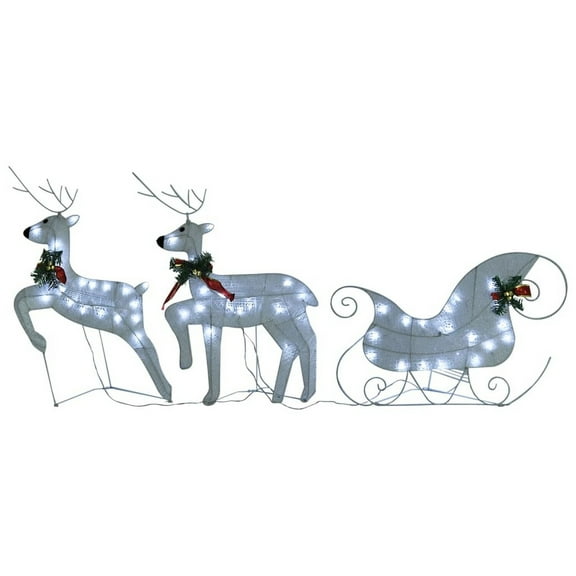 Benjara 4pc Outdoor Reindeer n Sleigh Christmas Decoration, 100 White LEDs