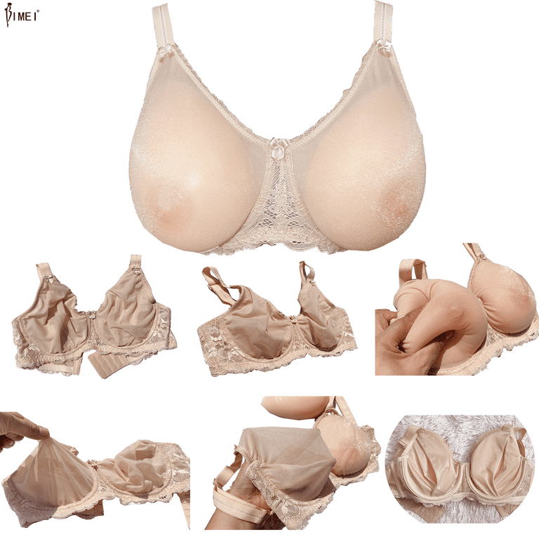 BIMEI See Through Bra CD Lace Mastectomy Lingerie Bra Silicone Breast Forms  Prosthesis Pocket Bra with Steel Ring 9018,Beige,42B