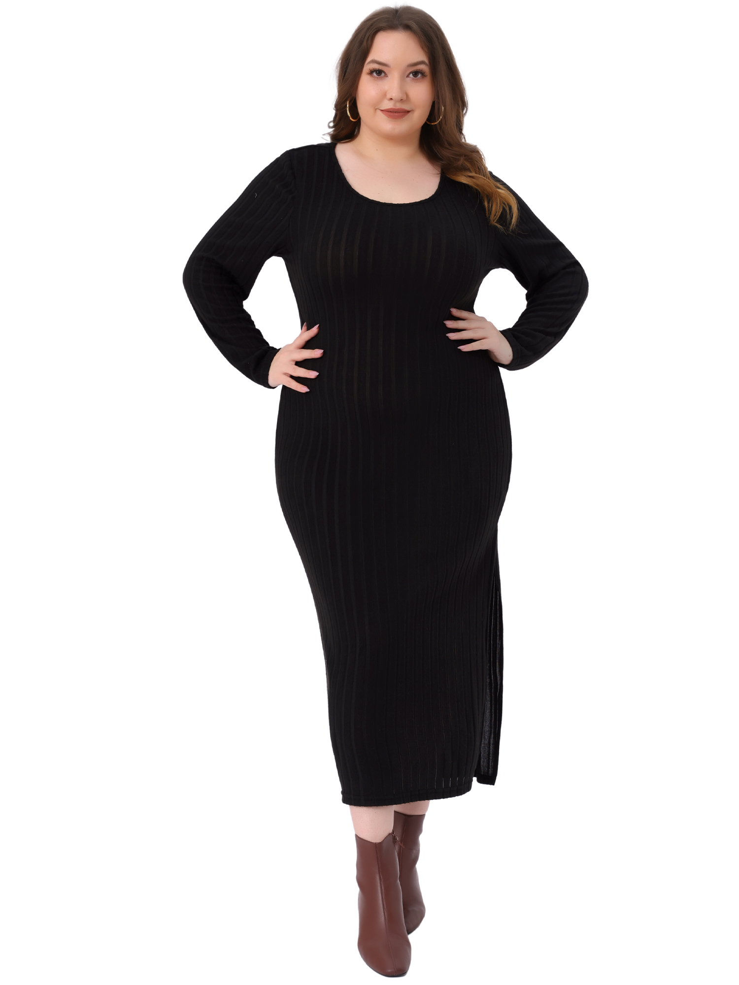 DARING DIVA Plus Size Ribbed Knit Midi Side Slit Long Sleeves Dress 2X Black