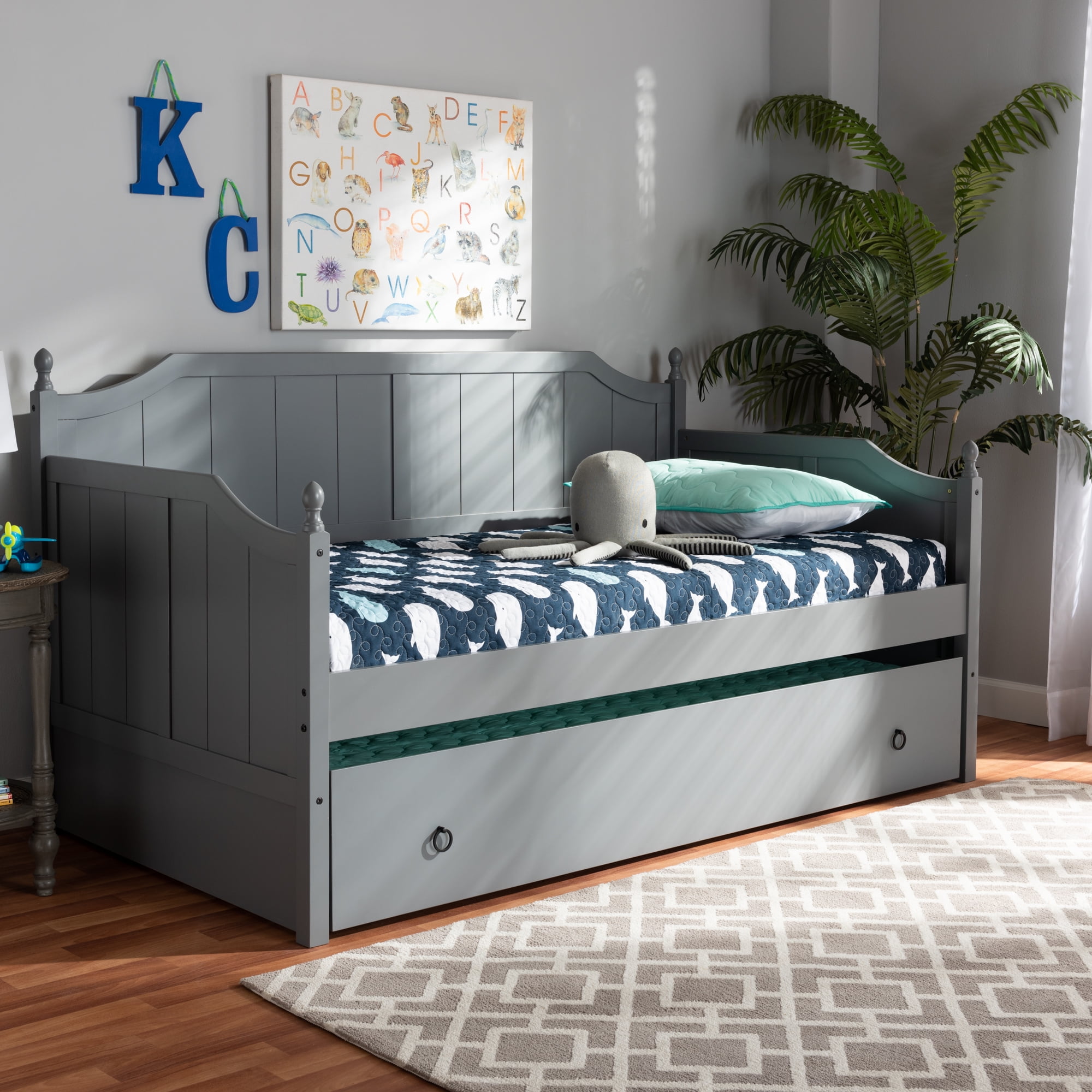 Baxton Studio Millie Cottage Farmhouse Wood Daybed with Trundle, Twin, Grey