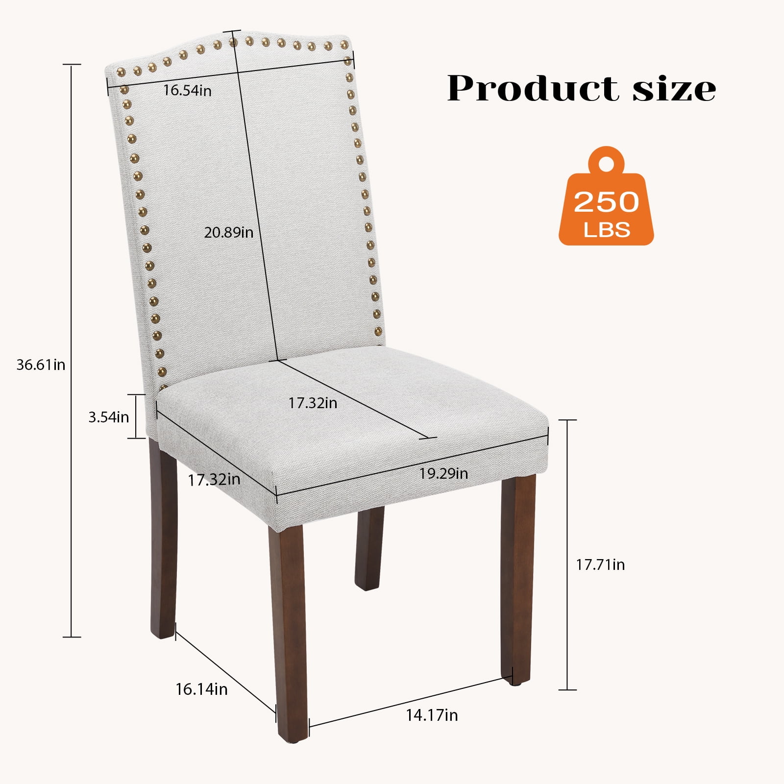 Gianna Dining Chairs Set of 2, Upholstered Fabric Dining Room Chairs with Wood Legs and Nailhead Trim, Mid-Century Style, Beige