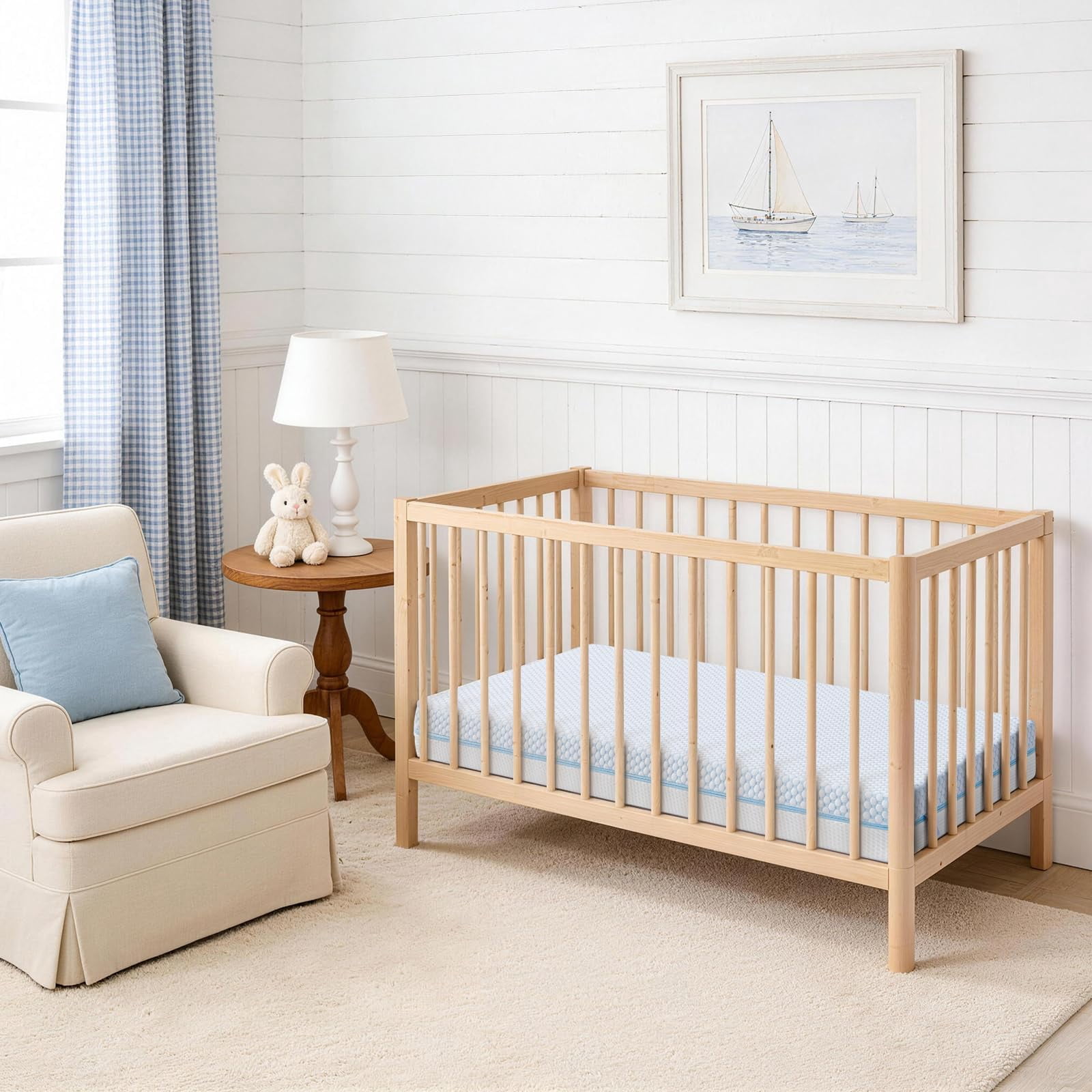 BaybyNest Mini Crib Mattress 38"x24"x4" Portable Dual Sided Playard (Firm & Plush) - Gel-Infused Memory Foam, Breathable Cooling Cover - CertiPUR-US Certified (Blue & White)