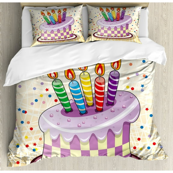 Birthday Duvet Cover Set King Size, Creamy Cake Illustration with Candles Retro Style Polka Dots Stars Striped Design, Decorative 3 Piece Bedding Set with 2 Pillow Shams, Multicolor, by Ambesonne