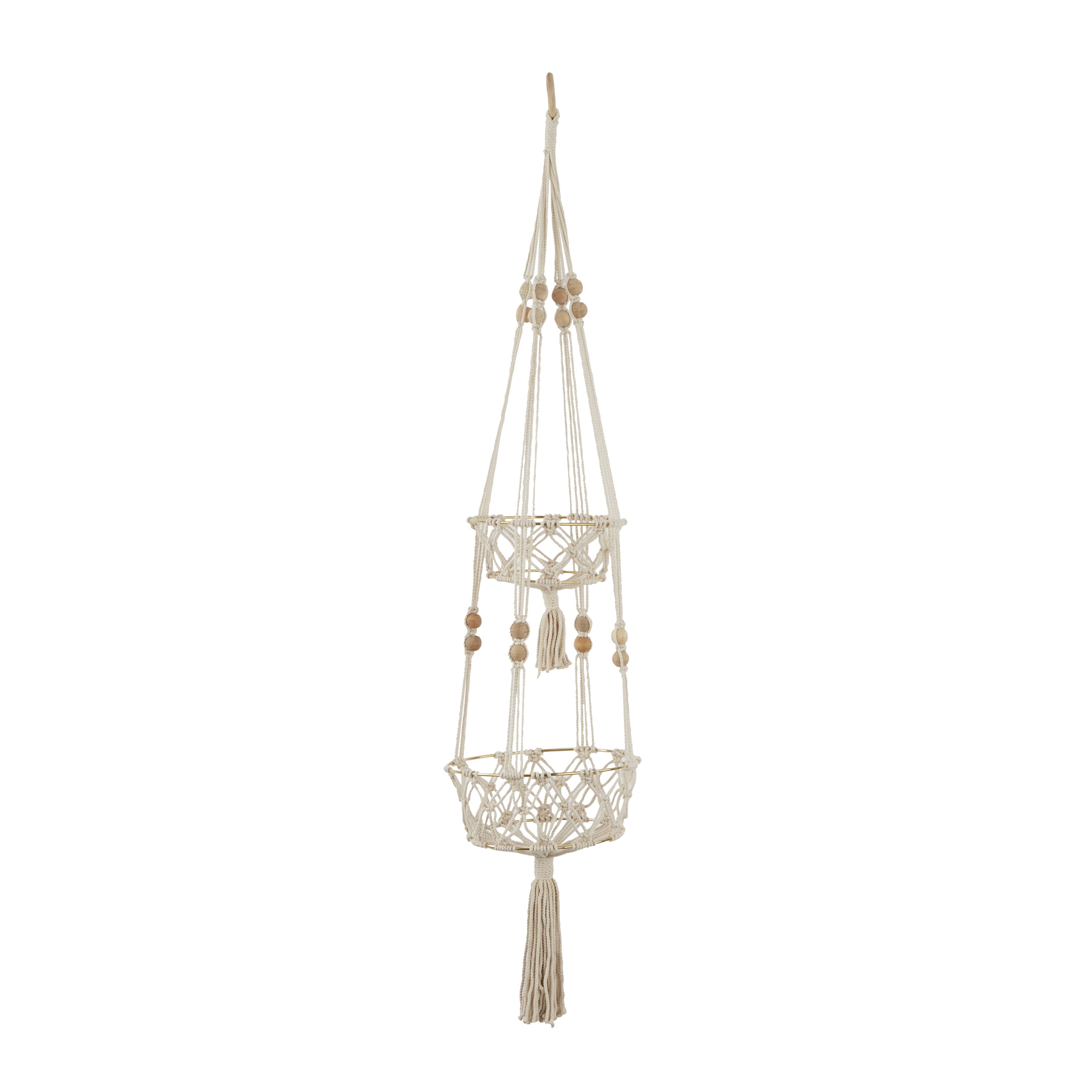 DecMode 10" x 10" x 49" Round White Fabric Handmade Hanging Macrame Wall Planter