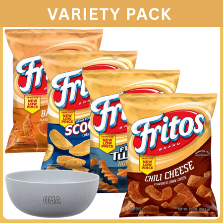 Fritos Flavor Twists Honey BBQ Flavored + Fritos Corn Chips Chili Cheese Flavored Snack Chips+ Fritos Scoops Corn Chips+ Fritos BBQ Flavor Snack Chips-37oz-Total weight-Variety pack with bowl by OMA.
