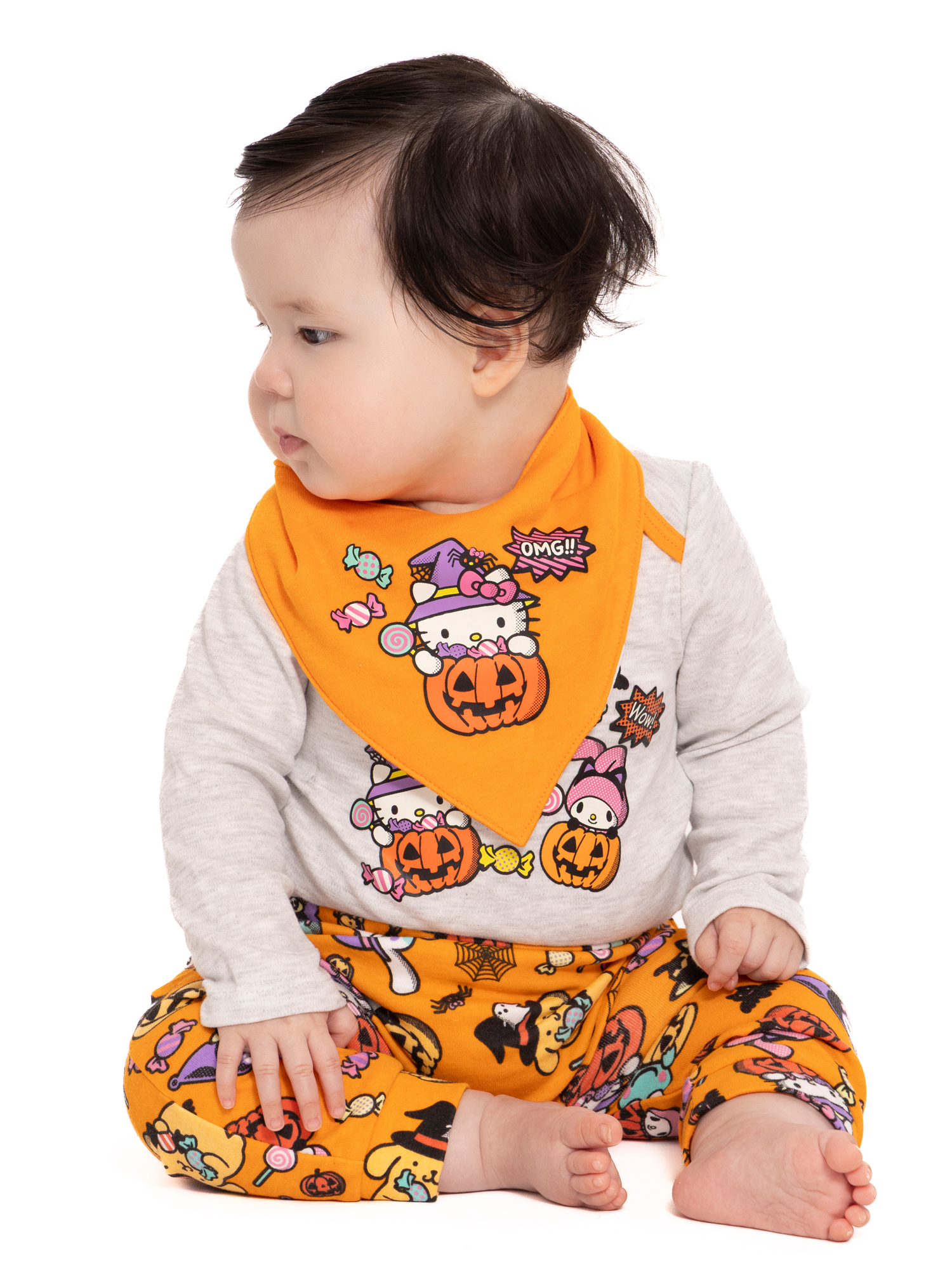 Halloween Hello Kitty and Friends Baby Girls Bodysuit and Pants with Bib Outfit Set, 3-Piece, Sizes 0M-12M