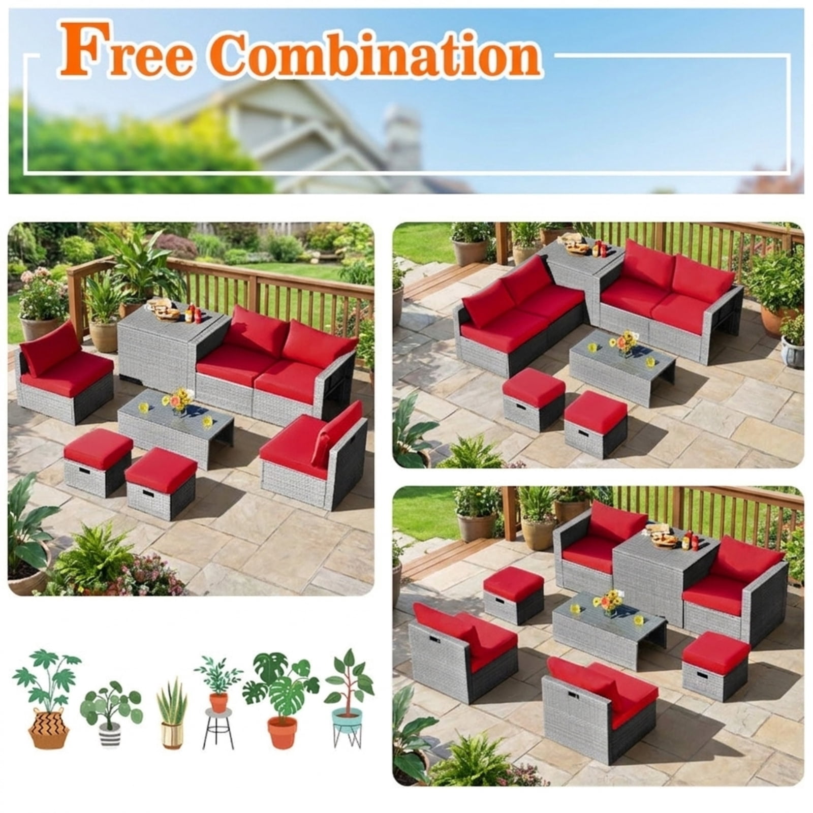 Furnibear 8 Piece Patio Rattan Furniture Set Outdoor Wicker Sectional Conversation Set with Storage Waterproof Cover Cushions and Glass Table, Red