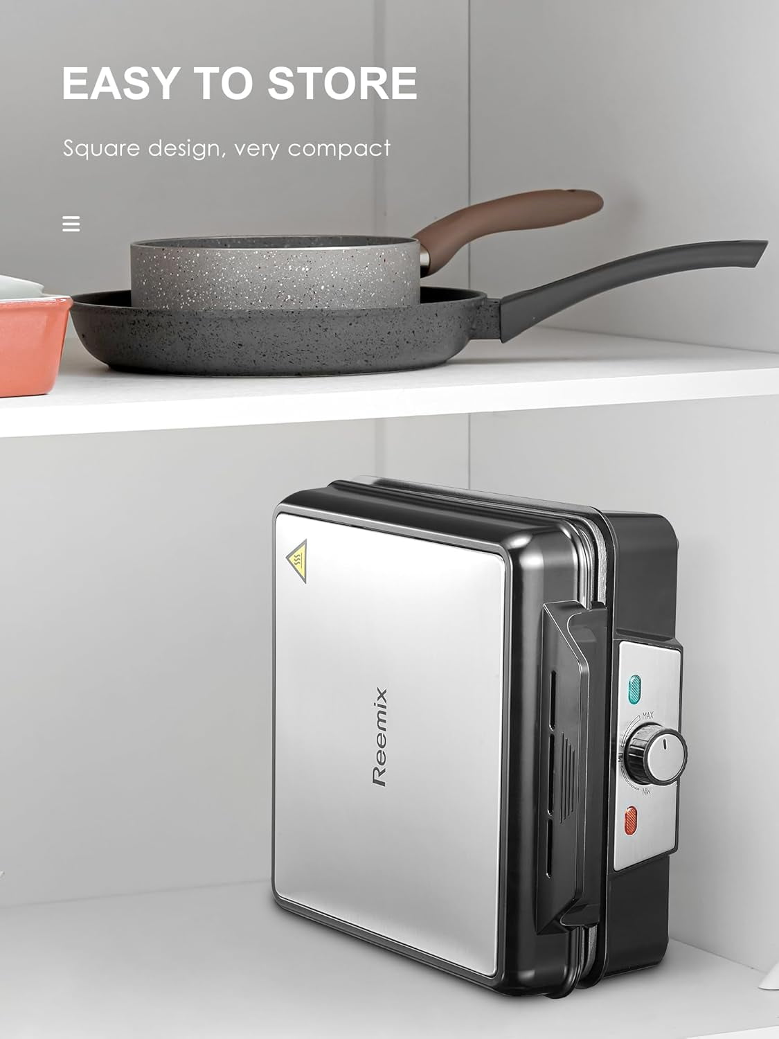 Reemix Belgian Waffle Maker, 4-Slice, 1200W Non-Stick Waffle Iron with Browning Control, Indicator Lights, Cool-Touch Handle, Silver/Black