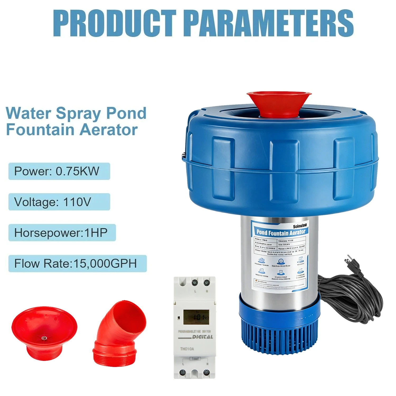 FOUR E's Scientific Pond Fountain Aerator, 1HP 15000GPH Floating Fountain Pump with 100ft Power Cord for Outdoor Ponds, 110V 750W