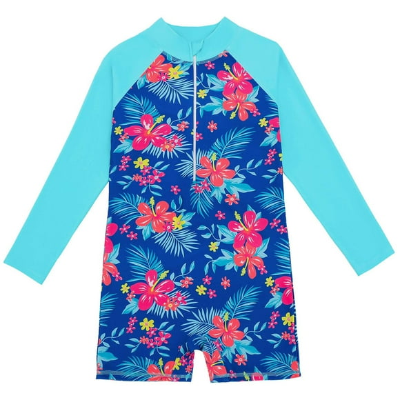 Odeerbi 4-12 Años Trajes de Baño de Manga Larga Con Lycra Para Niñas Traje de Baño de Una Pieza Para Entrenamiento En Verano Traje de Baño Hawaiano de Surf Con Estampado Floral