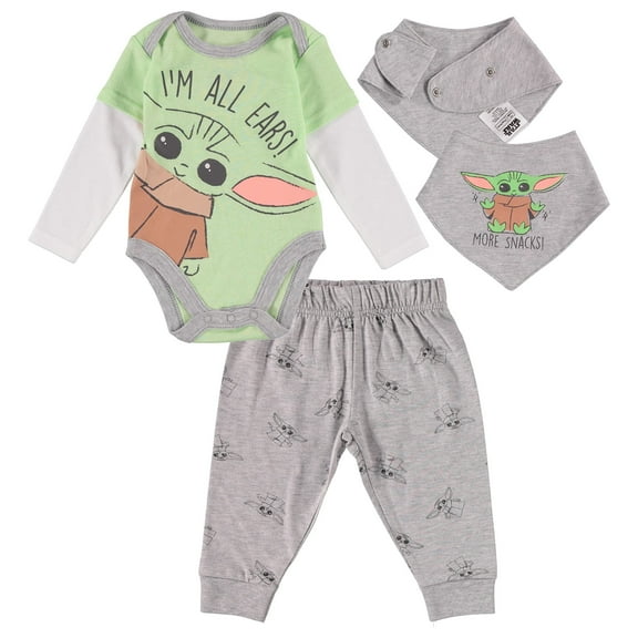 STAR WARS Baby Yoda Boys' 3 Piece Long Sleeve Bodysuit Pull-on Pants and Accessory Green/White/Grey, 3-6 Months
