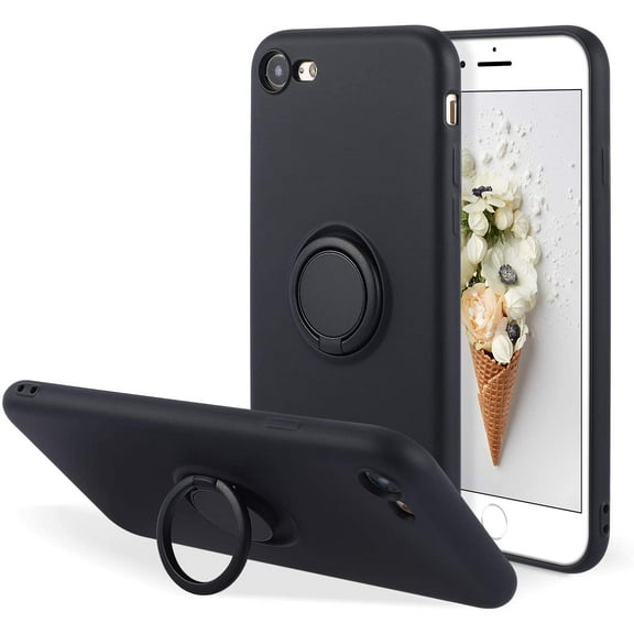 Case for Apple iPhone SE 2022 5G/iPhone 7/iPhone 8/iPhone SE 2020 (4.7 inches), Slim Liquid Silicone Phone Case with Ring Holder Kickstand Magnetic Car Mount Cover for iPhone SE3/SE2- Black