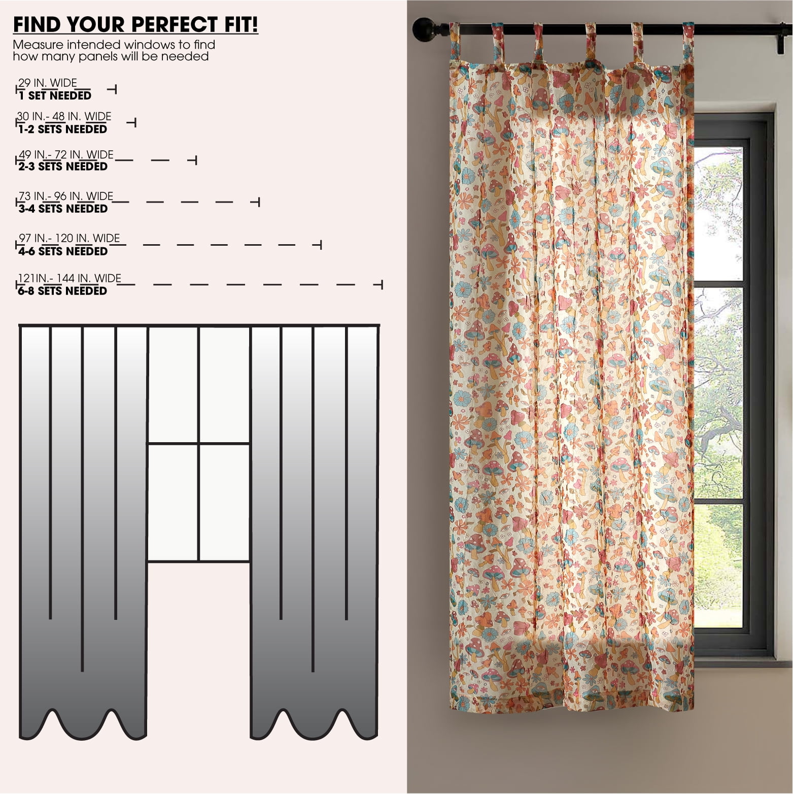 Urban Shop 38" x 63" Sheer Single Curtain Panel, Mushroom Print
