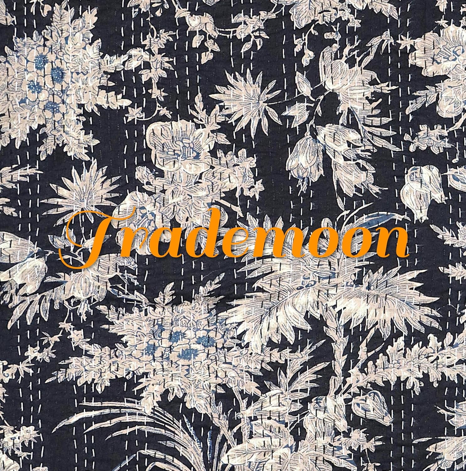 Indian Vintage Floral Kantha Quilt, Black & White Cotton Bedspread with White Stitched Pattern, Kantha Gudri(Twin Size - 60" x 90")