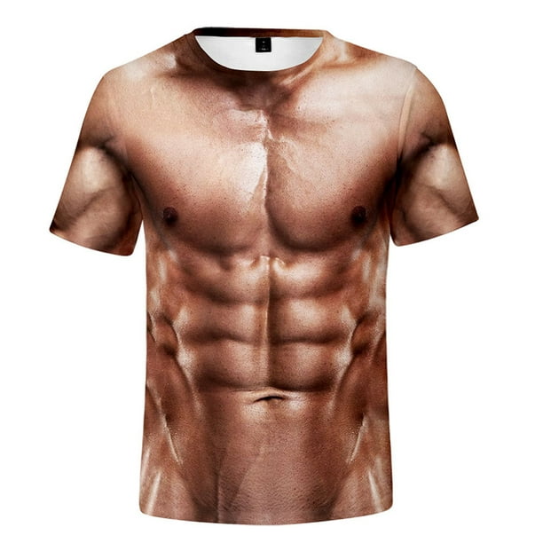CAROOTU Men's 3D T-Shirt Bodybuilding Simulated Muscle Shirt Nude Skin Chest  Muscle Tee Shirt Short-Sleeve 