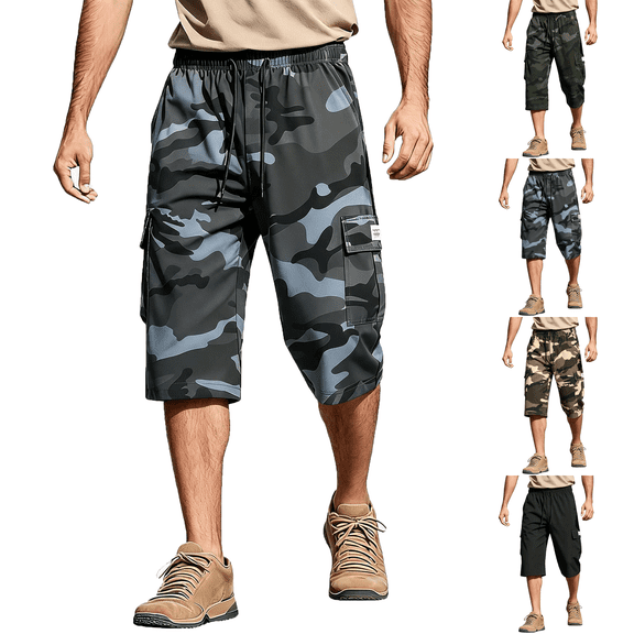Camo Cargo Shorts Men's Capri Long Twill Below Knee Relaxed Fit Casual Multi-Pocket Gray S