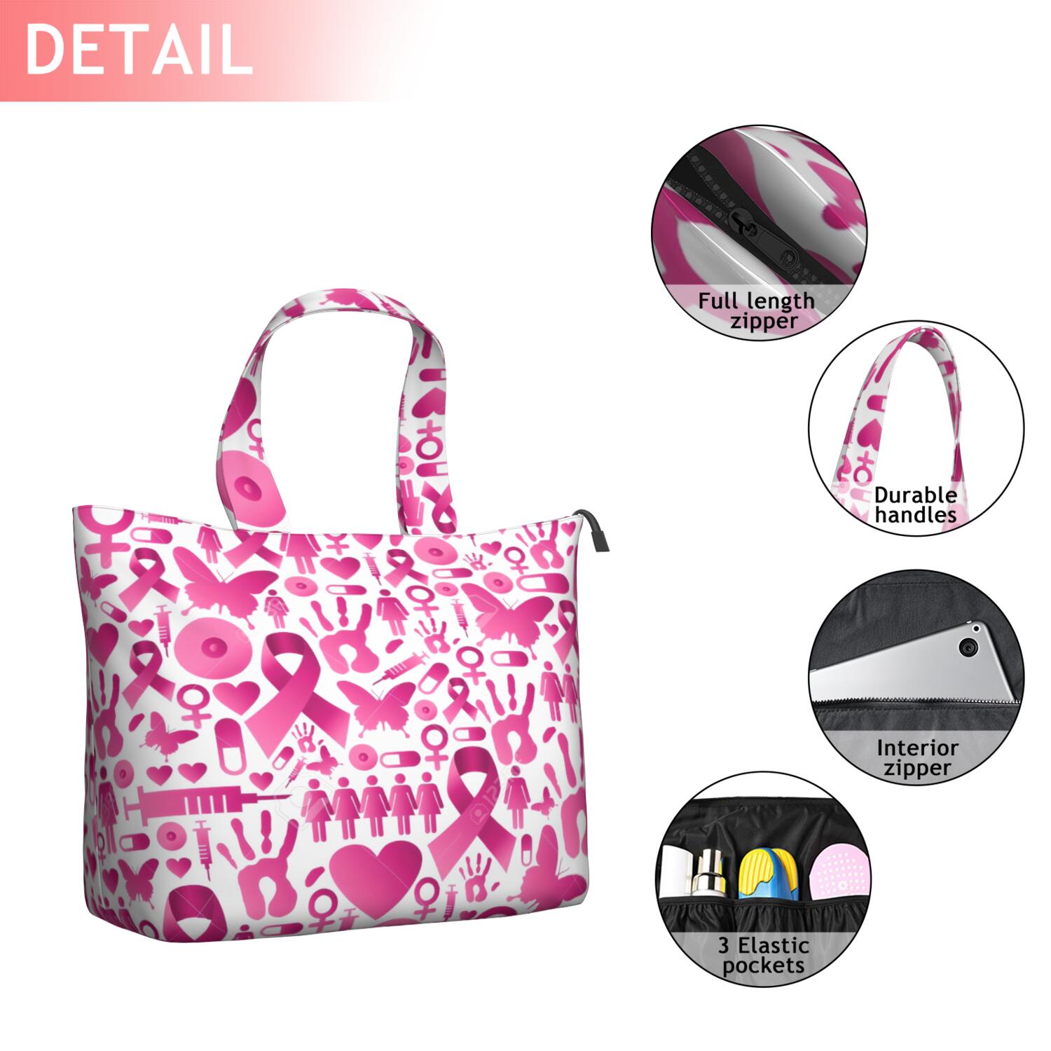 Pink Breast Cancer Travel Tote Bags for Women Carry On,Large Weekender Bags for Women Travel,Multi Functional Duffle Bag for Work,Shopping,Sports