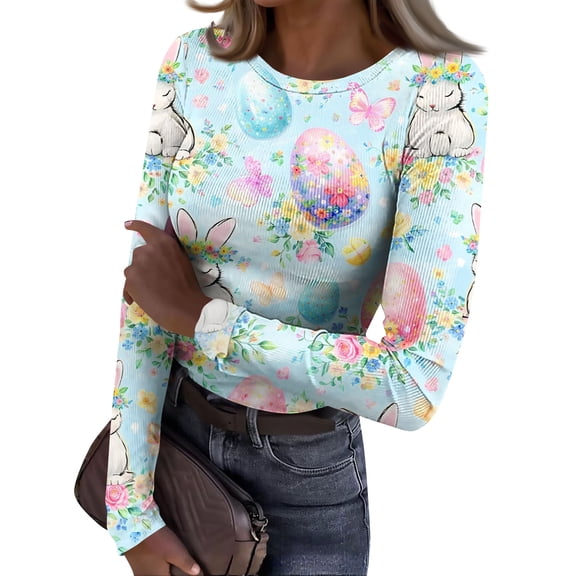 ASDFVBKG Easter Patterned T-Shirts for Women Casual Crew Neck Basic Long Sleeve Slim Fit Tee Shirts Ribbed Knit Bunny Rabbit Graphic Cozy Tees Sky Blue S