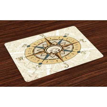 Compass Placemats Set of 4 Windrose on Tainted and Cracked Background with a Sad Face in Middle, Washable Fabric Place Mats for Dining Room Kitchen Table Decor,Cadet Blue Pale Caramel, by
