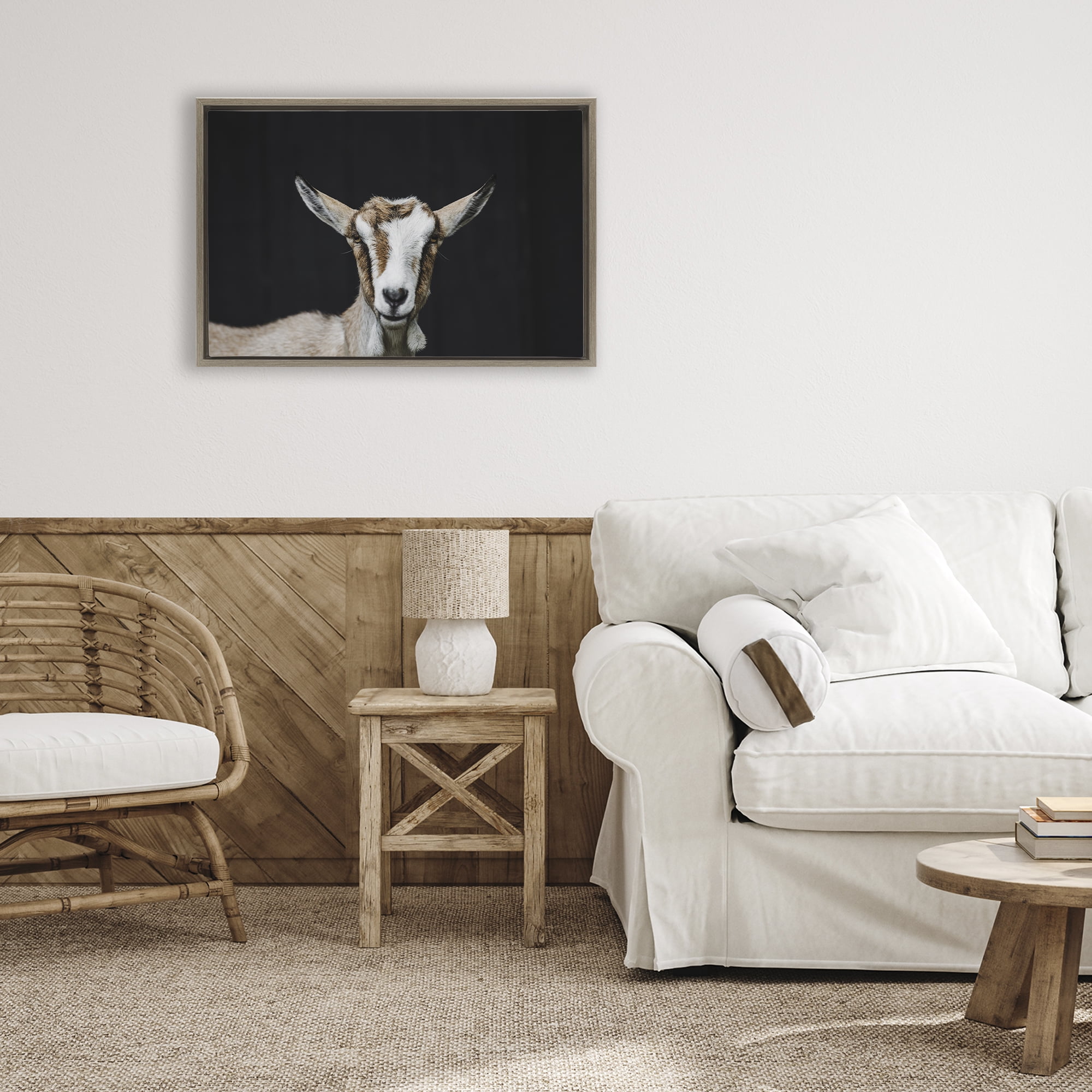 Goat Face over Black Brown Framed Floater Canvas Wall Art, design by Amy Carroll