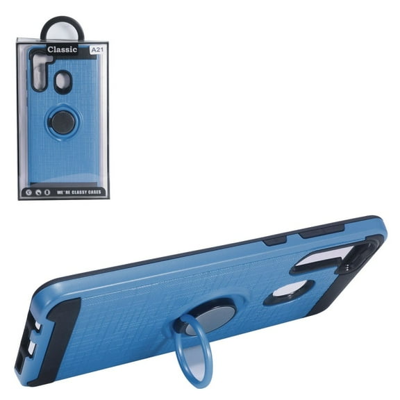 Samsung Galaxy A21 Phone Case Hybrid 360° Ring Stand Armor impact Shockproof Dual Layers 2 in 1 Protection Holder with Ring Kickstand Bracket for Magnetic Car Mount Cover Blue for Samsung Galaxy A21