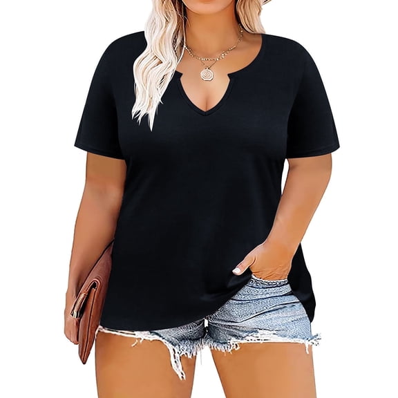 CASSIE LIZ Womens Tops Plus Size Summer Shirts Black V Neck Fashion Short Sleeve Tee Loose Fit Tunics Spring Blouses Casual Pullover XL 14W 16W