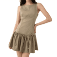 thumbnail image 1 of Robe Plissée Sans Manches pour Femme Robe Mini Ligne A Couleur Unie Col Rond Caractéristique de Gaine Nœud - Fermeture Éclair au Dos Kaki TP, 1 of 10