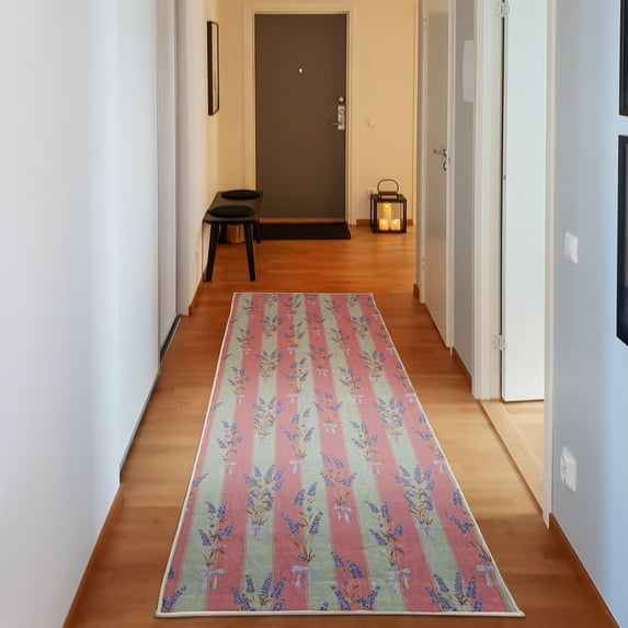 Lavender Decorative Rug, Stripes and Flowers Ribbons Romantic Country Spring Season Inspired Design Art, Quality Carpet for Bedroom Dorm and Living Room, 6 Sizes, Pale Green, by Ambesonne