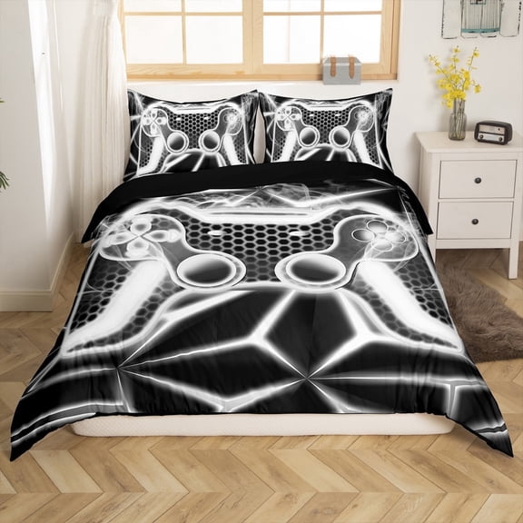 Erosebridal Video Game Comforter Cover Twin,Grey Neon Bedding Twin Size,Geometric Honeycomb Duvet Cover Twin,Lightweight Gamepads Bedroom Decorative,Reversible,2-Piece(No Comforter)